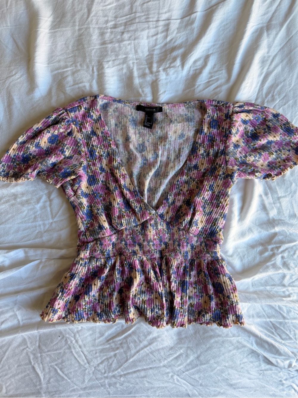 Forever 21 Pink Floral Smocked V-Neck Peplum Blouse